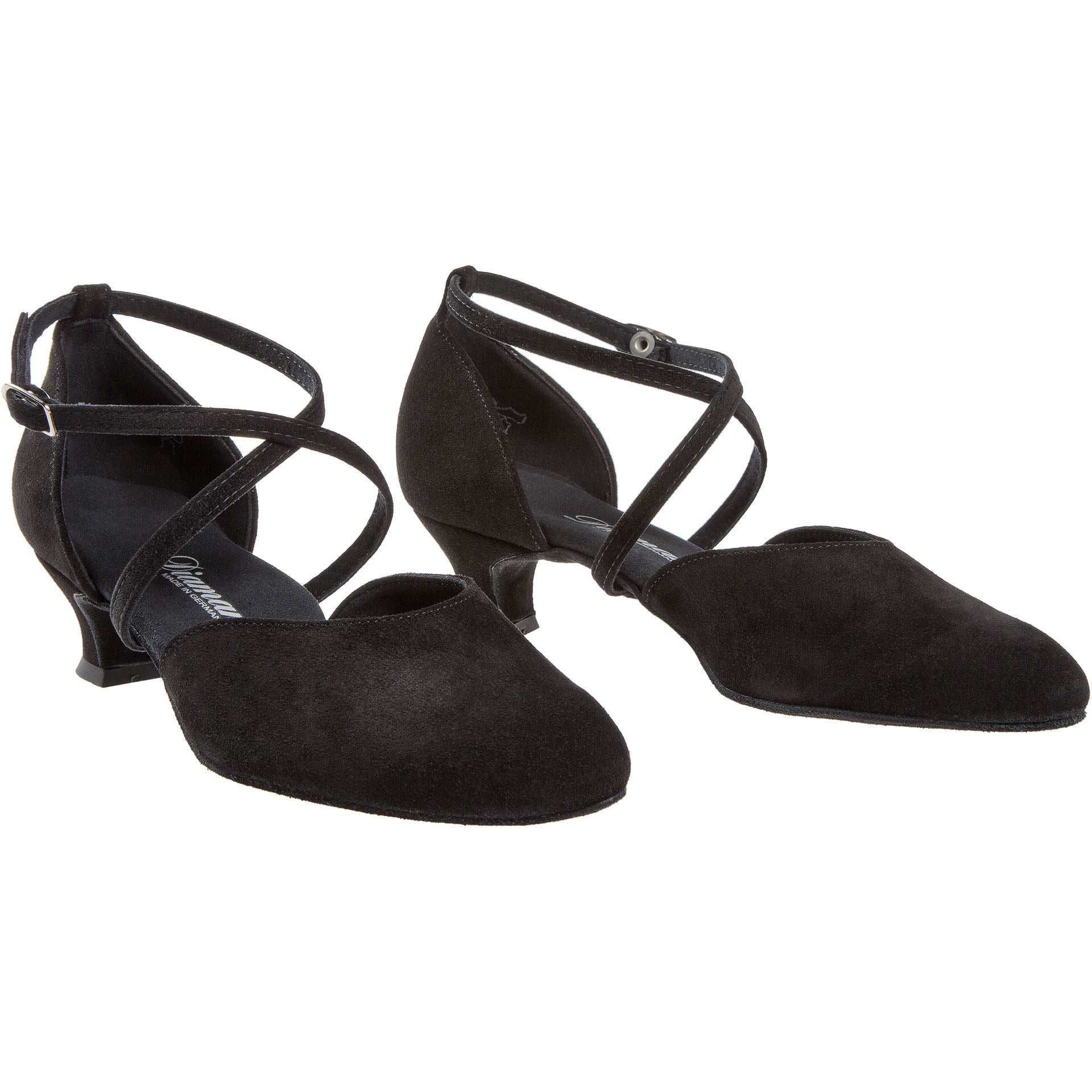 Schwarze Diamant 048 Tanzschuhe aus Wildleder mit überkreuzten Fesselriemchen und niedrigem Absatz.